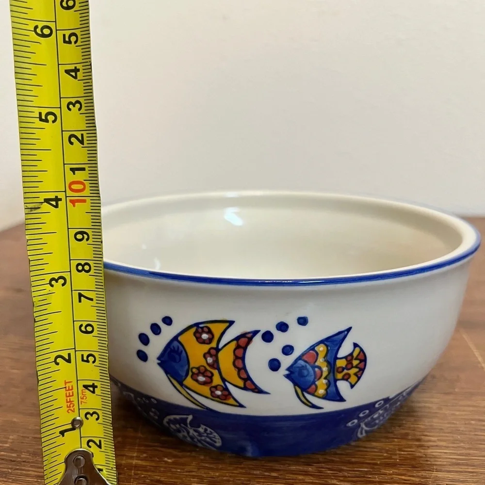 Yokohama Studio Hand-Painted Fish Bowl – Blue & Yellow Ceramic Coastal Décor